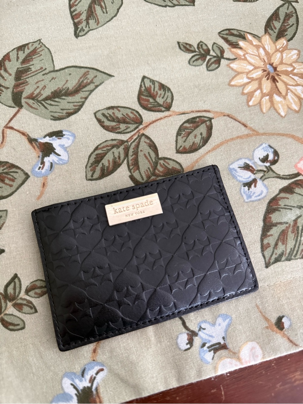 kate spade Black Embossed Leather Card Case with Gold Logo Plaque